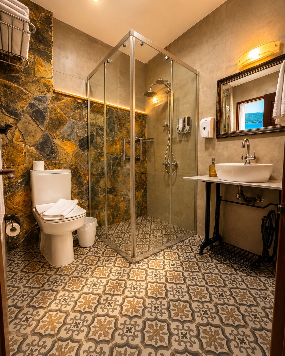 A bathroom with a glass-enclosed shower, a toilet, a sink, and a mirror.