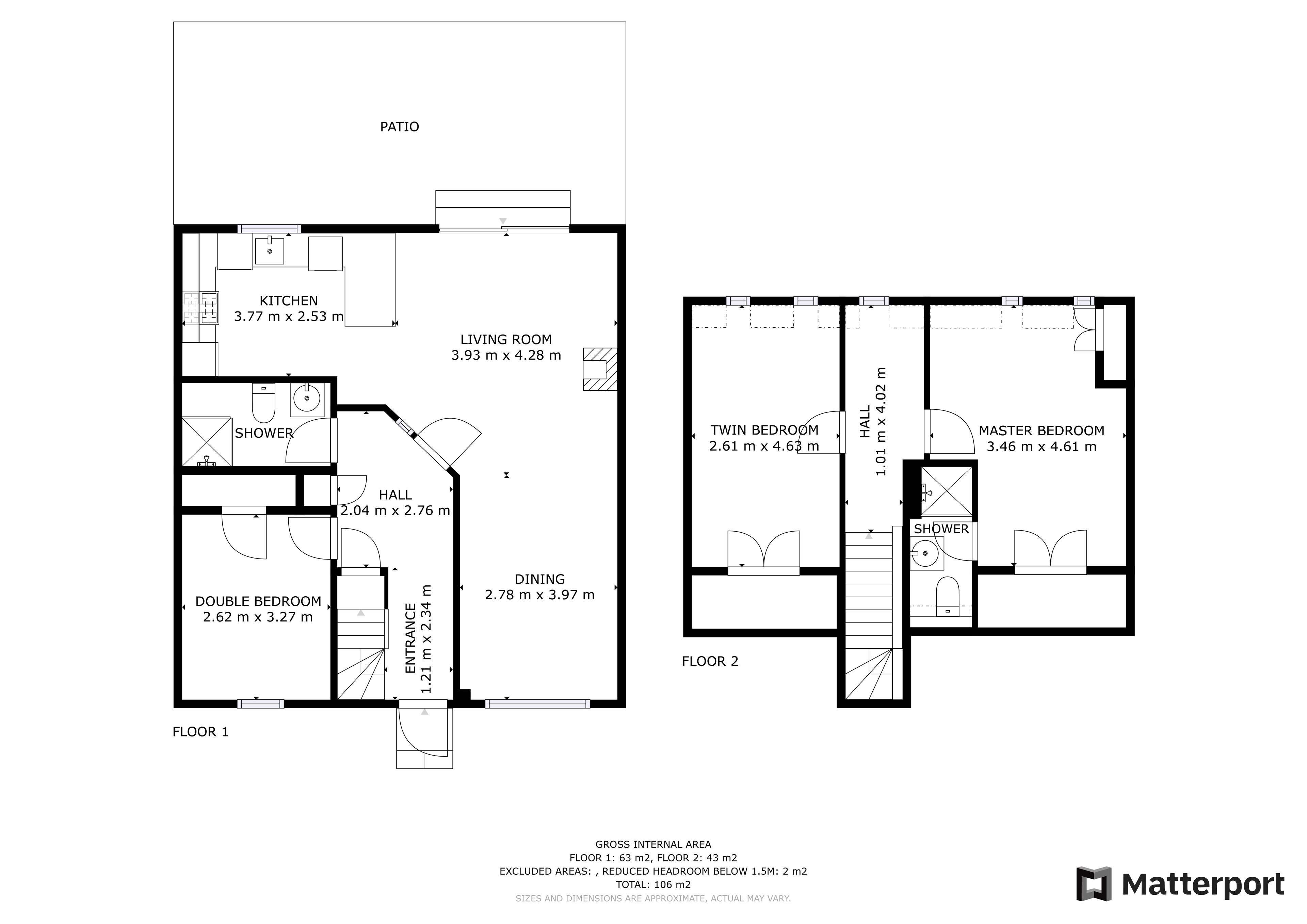 A floor plan of a two-floor apartment with a kitchen, living room, dining area, double bedroom, twin bedroom, master bedroom, and two bathrooms.