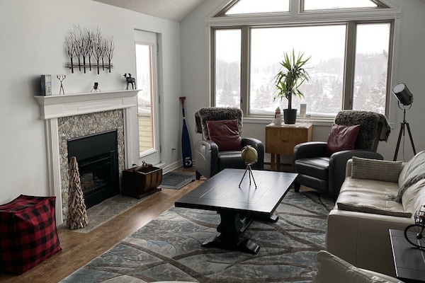 Living-room with leather furniture, fireplace and picturesque window.