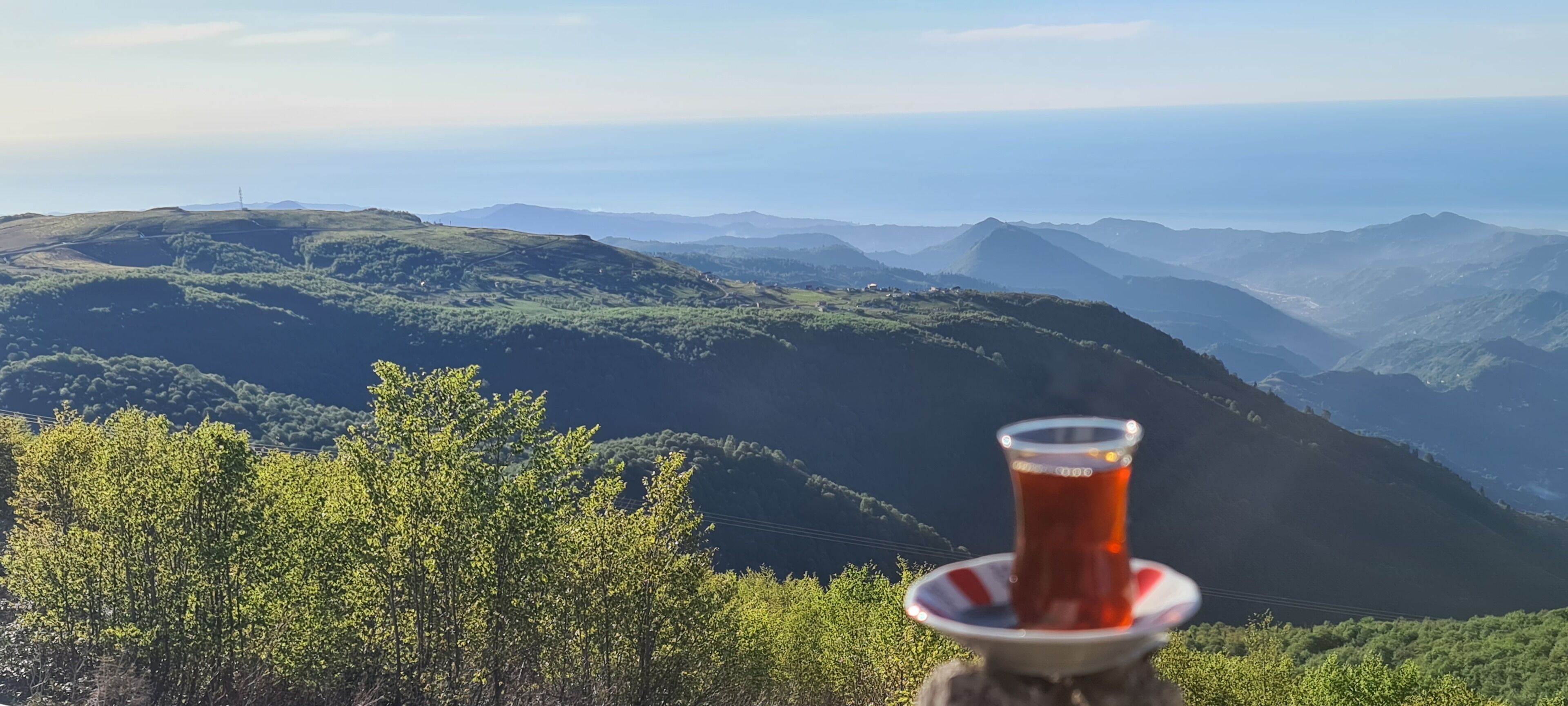 A scenic view of a mountainous landscape with a traditional Turkish tea cup in the foreground.