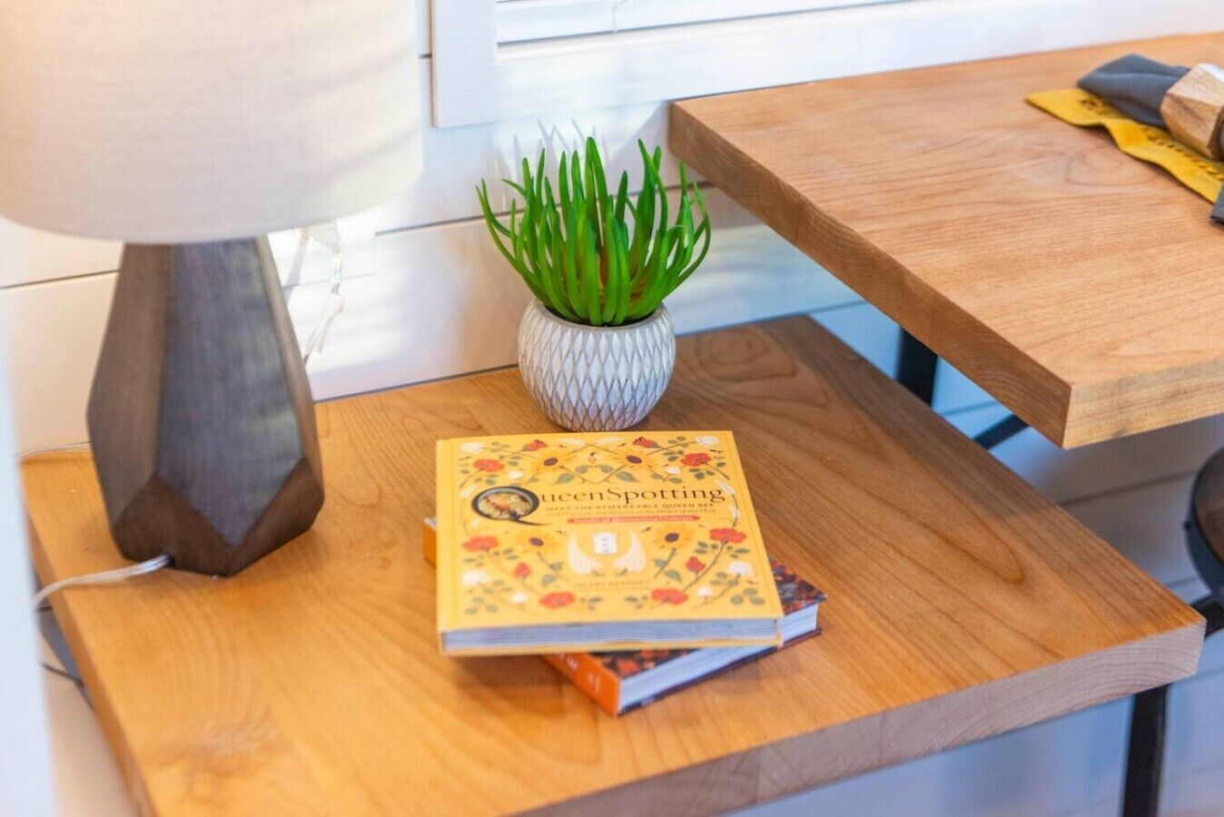 A small wooden table with a book titled 'Queenspotting' and a potted plant.