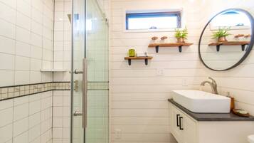 Une salle de bain avec une douche à parois de verre, un lavabo avec un miroir et des étagères ornées de plantes.