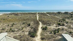 En sti langs stranden, der fører hen til havet, med sparsom vegetation og en klar himmel.