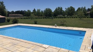 Ein rechteckiger Pool mit Fliesenrand, umgeben von einer grünen Rasenfläche und Bäumen.