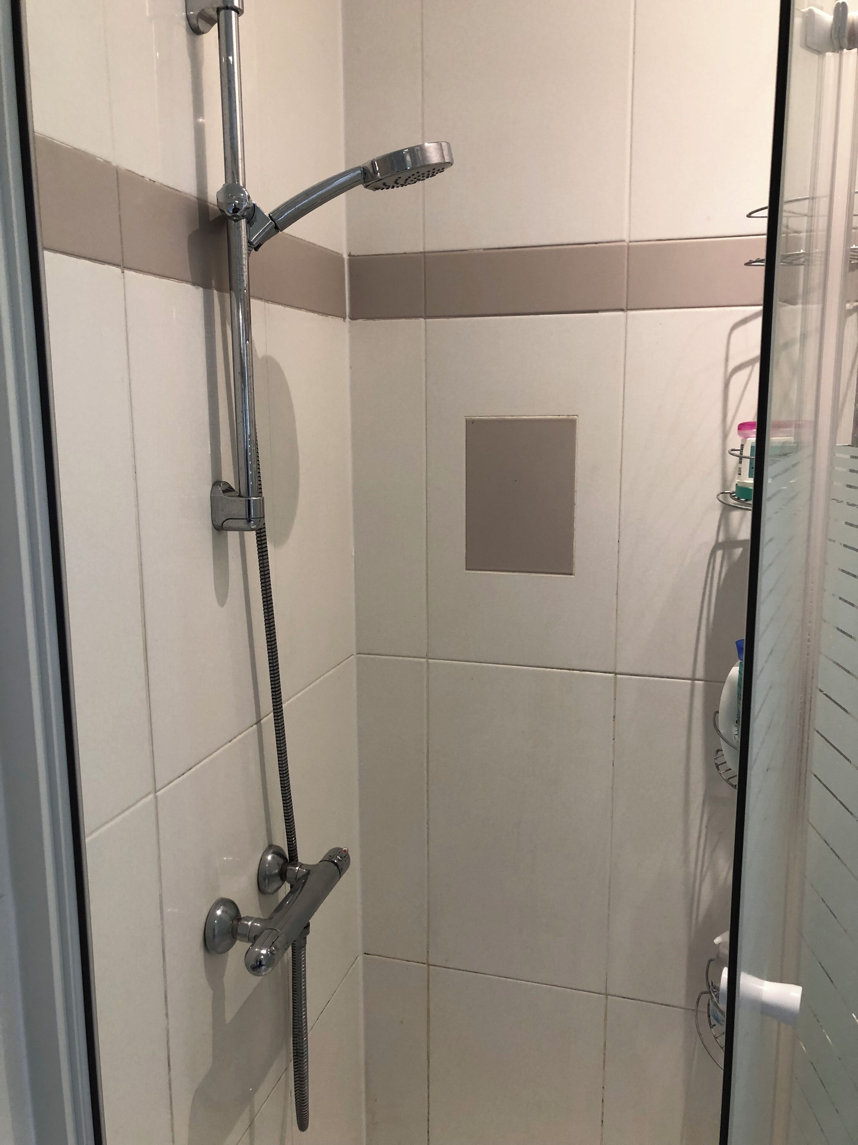 Ducha con cabezal de ducha manual y otro fijo en el techo, puerta de cristal y un estante pequeño con artículos de aseo.
