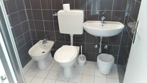 Shower, rainfall showerhead, hair dryer, towels