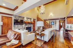 TV, fireplace, books