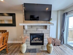 TV, fireplace, foosball