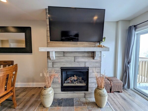 TV, fireplace, table football