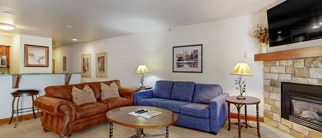 TV, fireplace, books