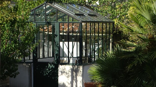 Une serre dotée d’un toit en verre et d’une structure métallique, entourée d’une végétation luxuriante et comportant une petite porte.