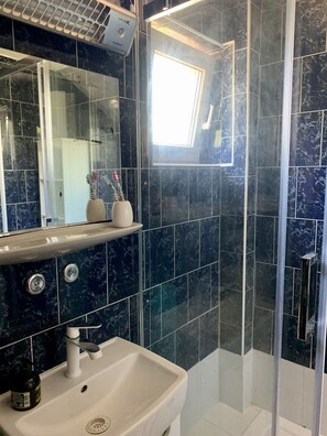 Dusche, Haartrockner, Seife, Toilettenpapier
