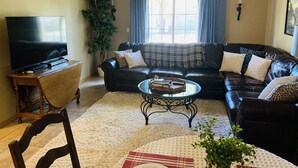 A living room with a black leather sofa, a glass coffee table, a TV on a wooden stand, a large potted plant, and a window with blue curtains. - No Worries (Spiro)