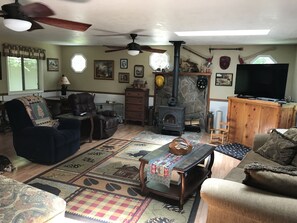 TV, fireplace, DVD player, books