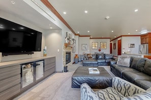 TV, fireplace, books