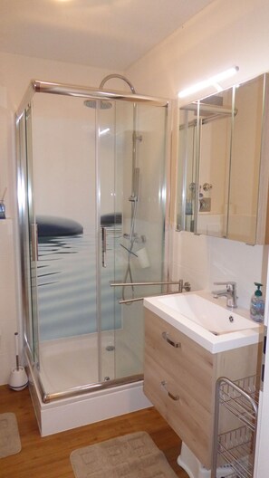 Shower, hair dryer, towels, soap
