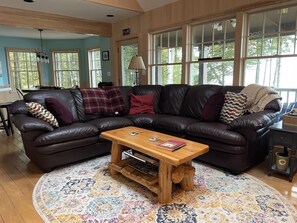 TV connectée, cheminée, lecteur de DVD, livres