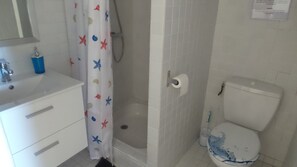 Shower, hair dryer, soap, toilet paper