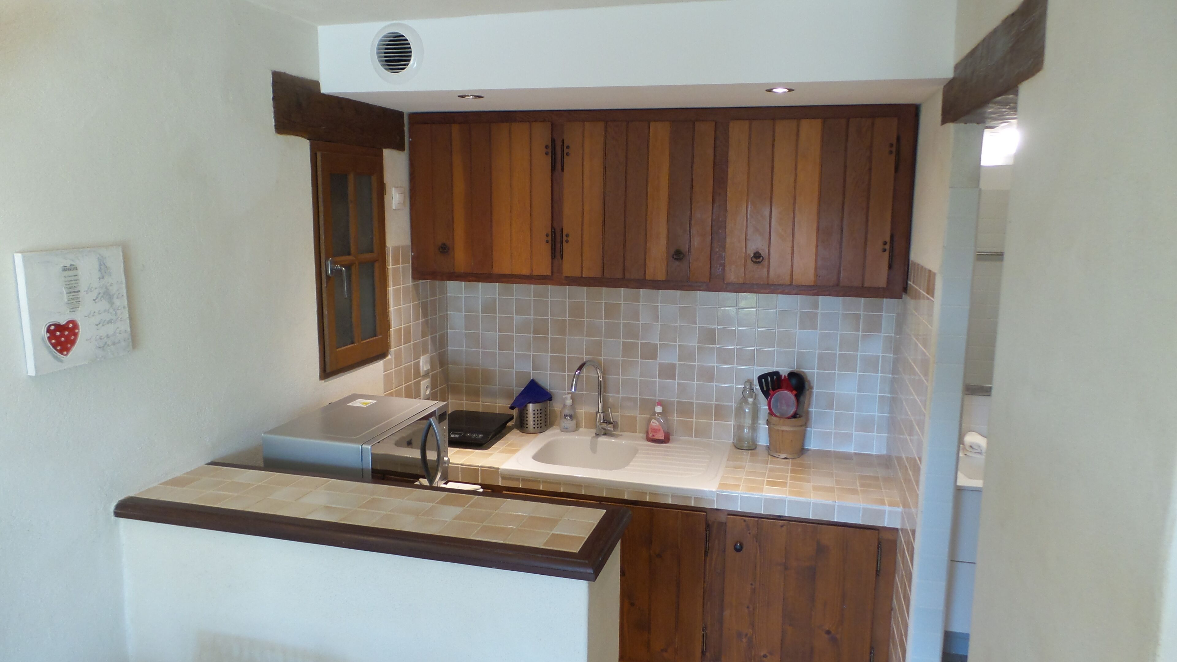 Una cocina compacta con armarios de madera, un lavamanos empotrado y una pequeña encimera.