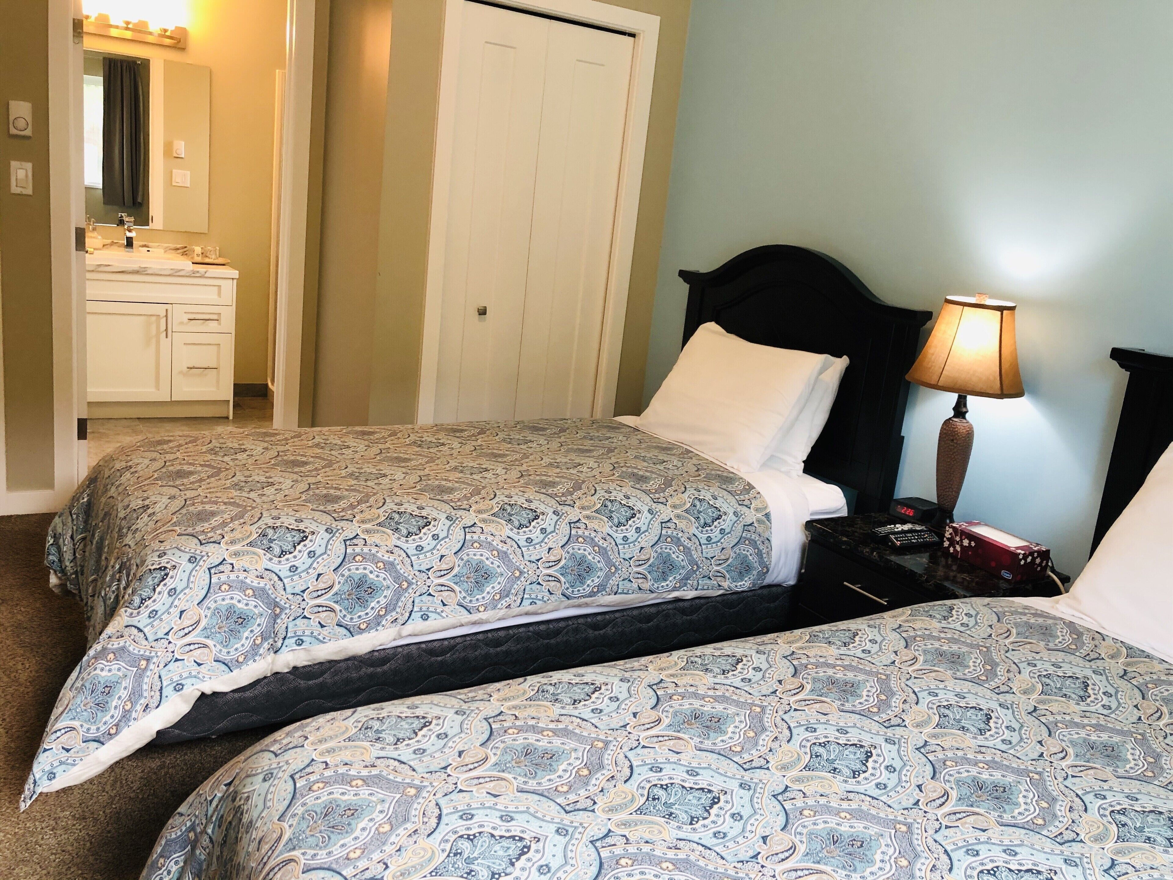 Une chambre avec deux lits, une table de chevet avec une lampe, une commode et un miroir.