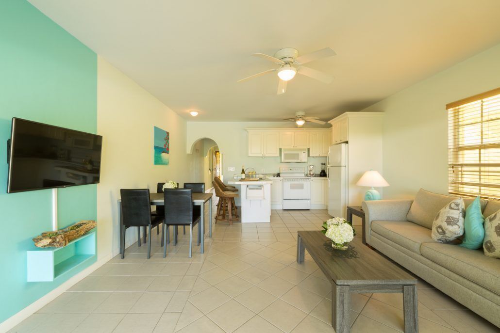 A modern living room with a sofa, coffee table, and TV. There is a dining area with chairs and a table. The kitchen is visible in the background with white cabinets and appliances.