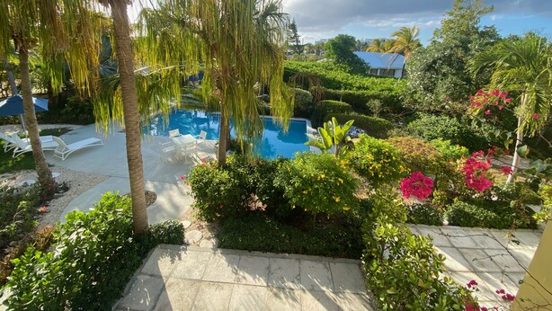 A pool area with lounge chairs, surrounded by lush greenery and flowering plants. - Just off the Beach, Relax at Inn At Grace Bay #121 (Grace Bay)