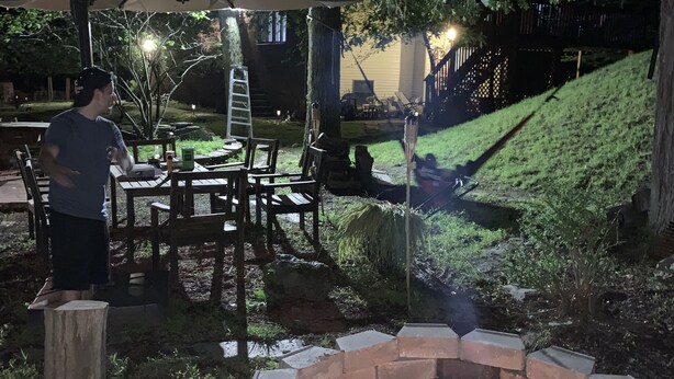 An outdoor patio with a fire pit, wooden furniture, and a covered seating area. -  EL EDEN PLACE TO REST AND ENJOY (EL EDEN LUGAR PARA DESCANSAR Y DISFRUTAR  (Bushkill)
