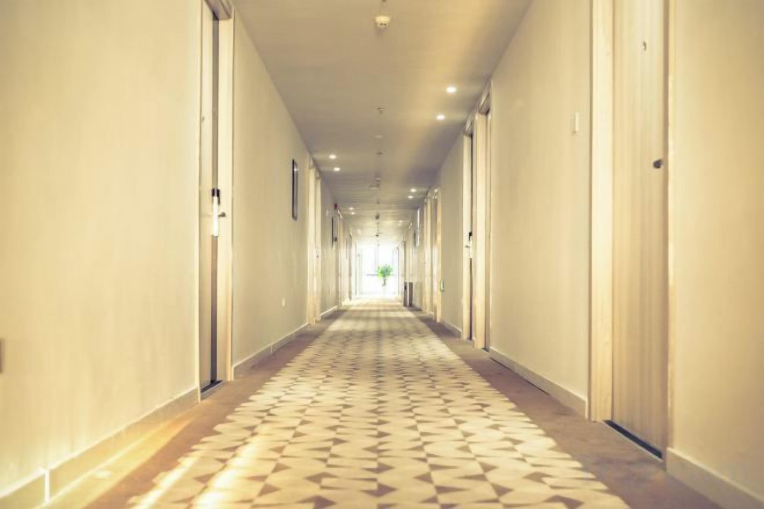 Un largo y estrecho pasillo de hotel con puertas a ambos lados y una alfombra estampada.