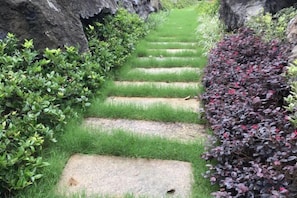 A stone pathway flanked by green grass and shrubs, leading through a garden area.