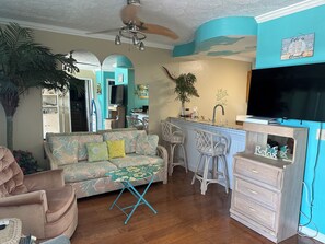 Smart TV, DVD player, video library, stereo
