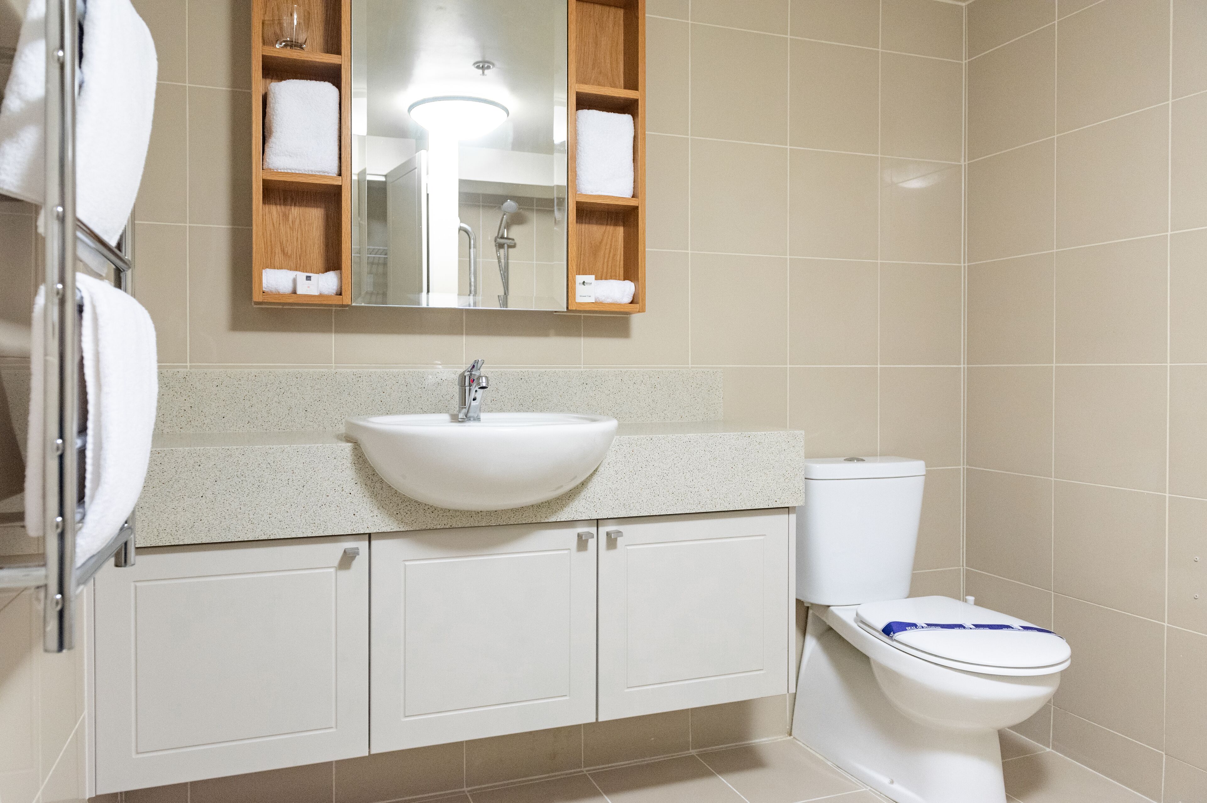 Et badeværelse med en hvid vask, et spejl over vasken, og et toilet. Der er skabe under vasken og en håndklædestang til venstre.