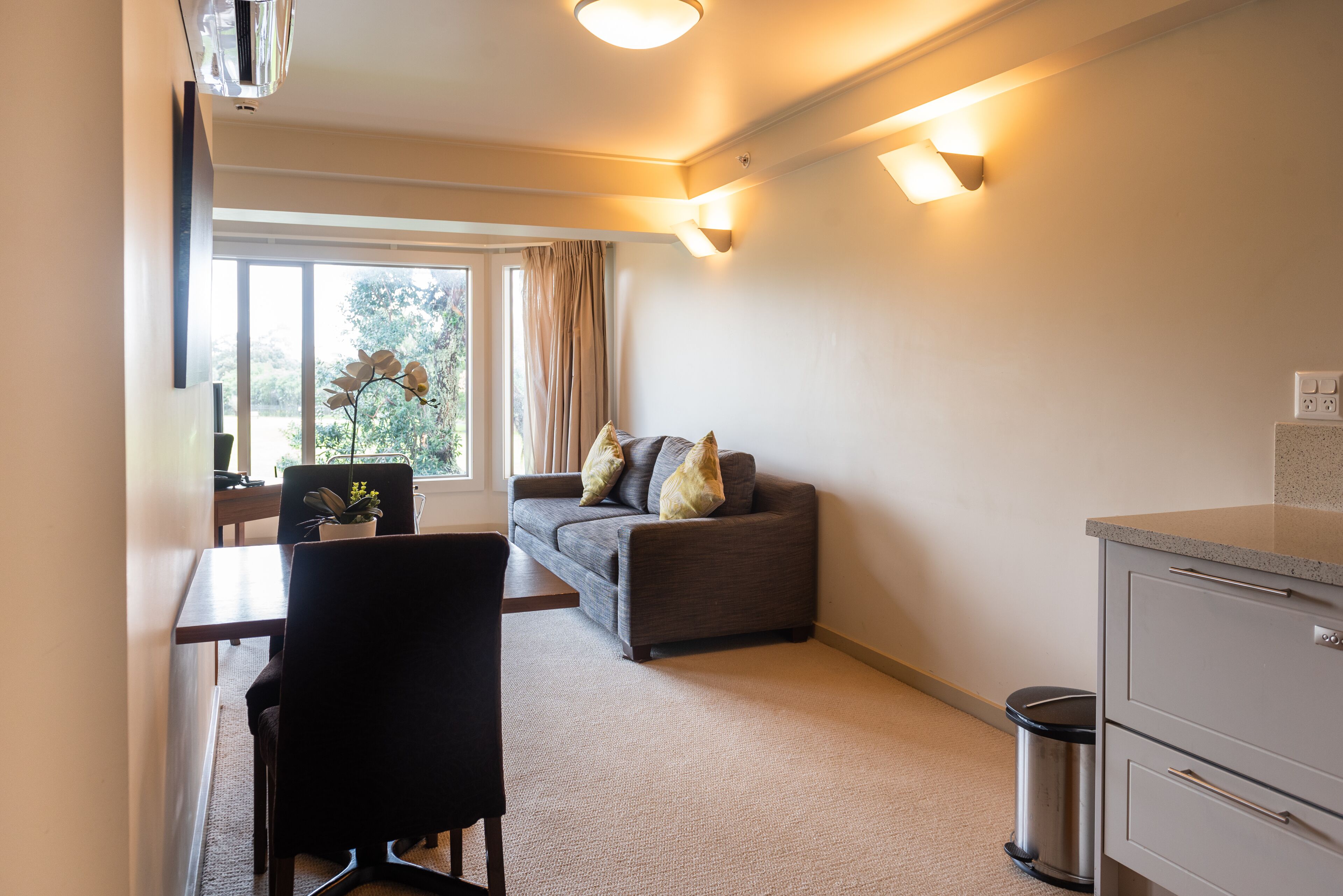A modern living room with a sofa, a dining table, and a trash can.