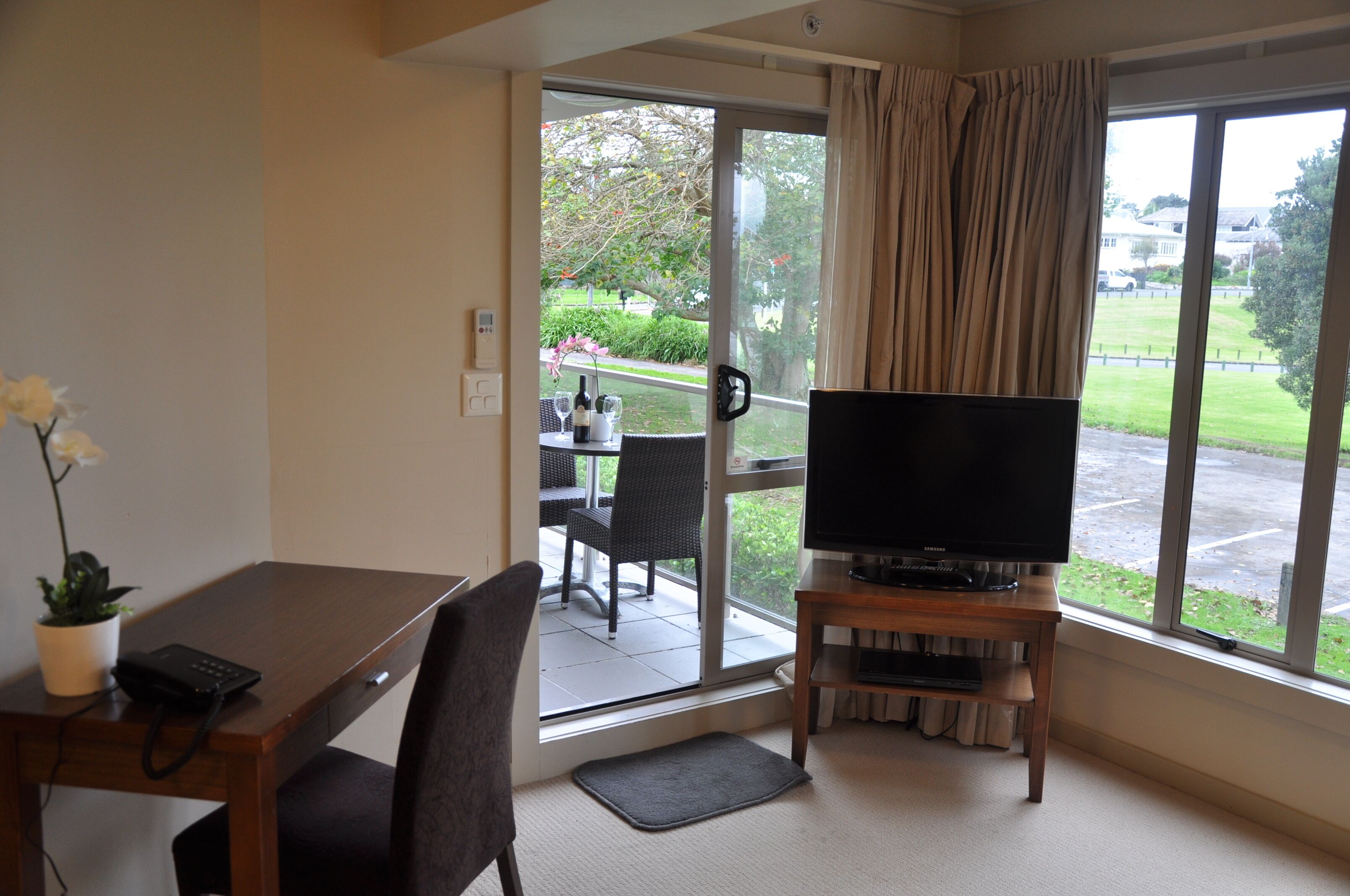 A room with a TV on a wooden stand, a dining table with chairs, a potted plant, and a view of a garden through a sliding door.