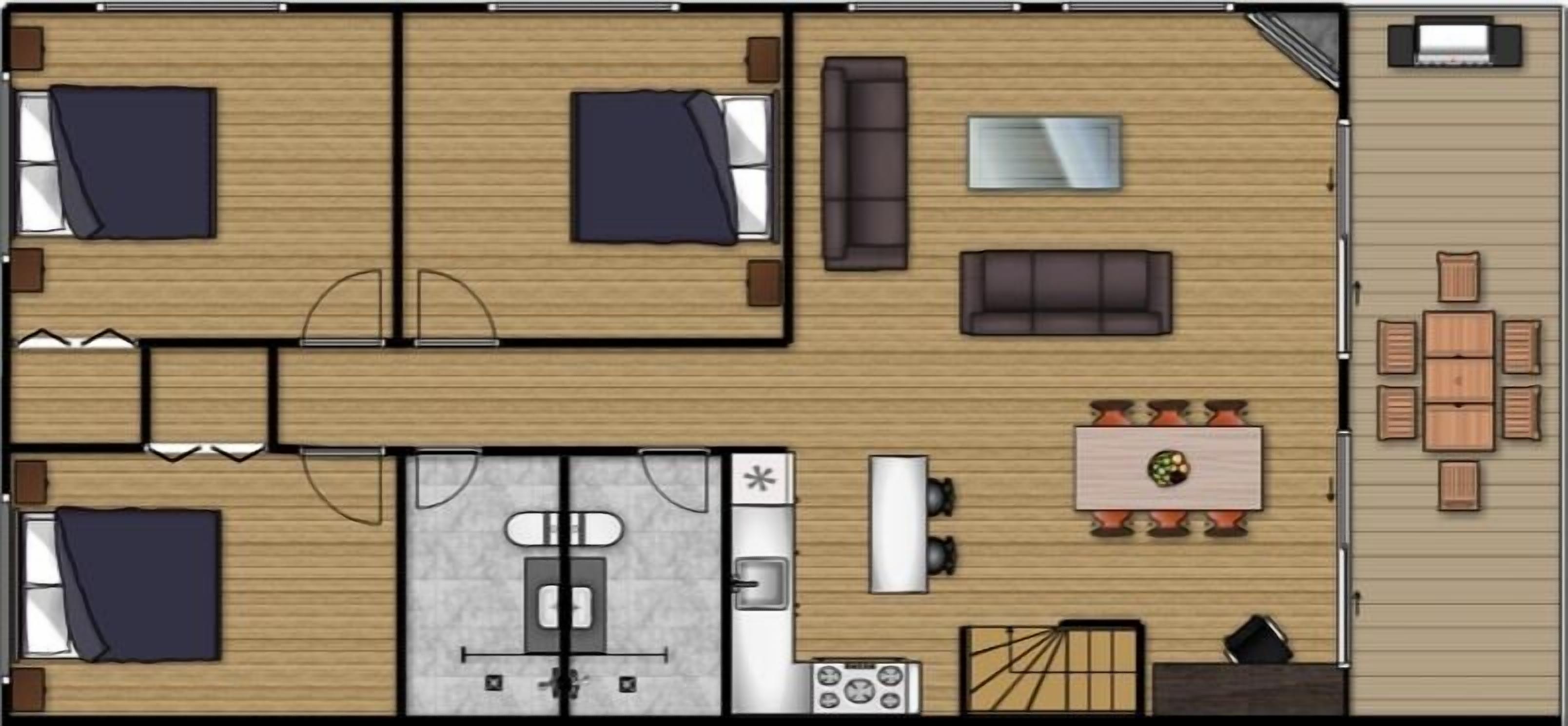 A floor plan of a hotel room with two bedrooms, a bathroom, a living area with a sofa and TV, a dining area with a table and chairs, and a small kitchen.