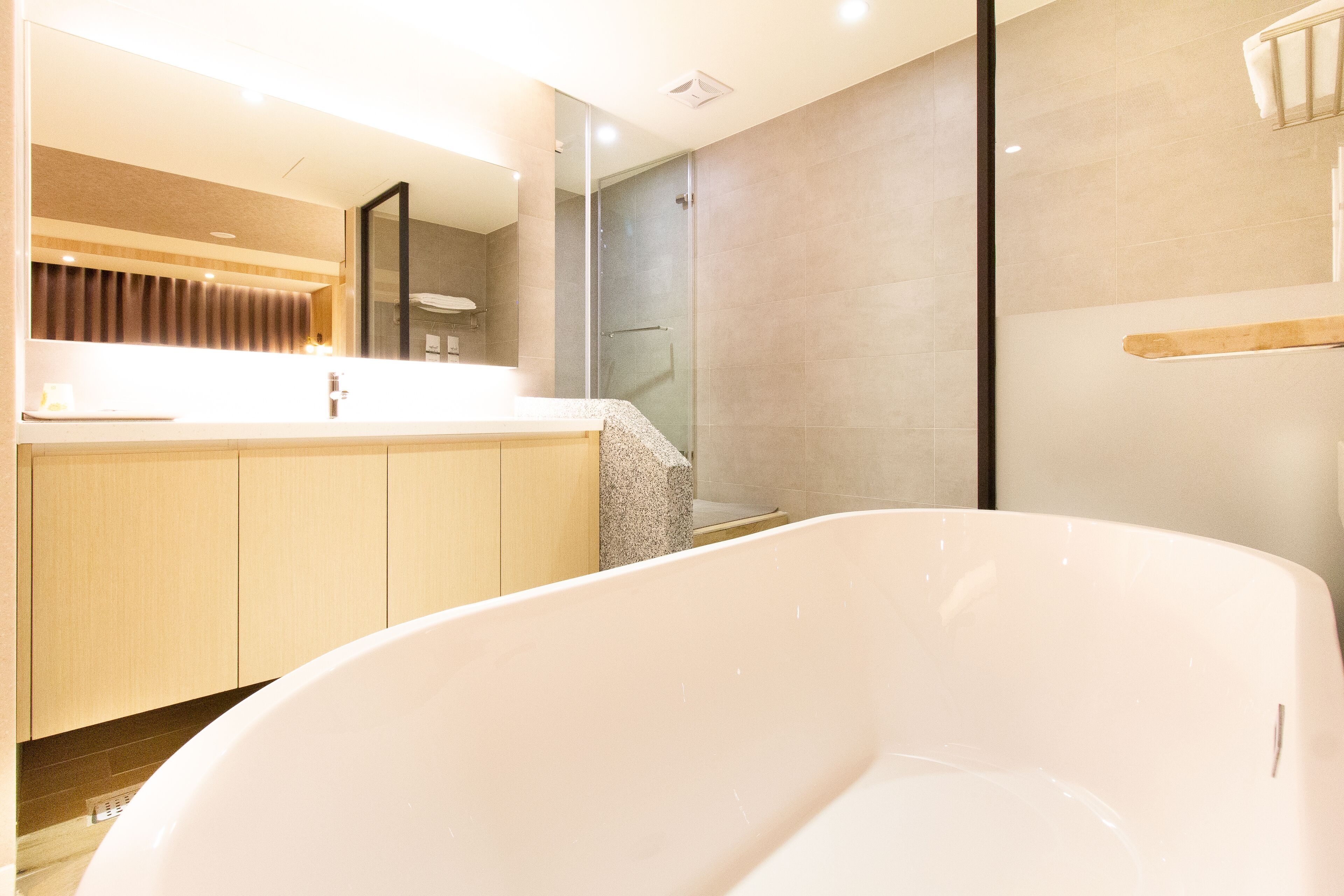 Een moderne badkamer met een vrijstaand bad, een wastafel met spiegel en een douche.