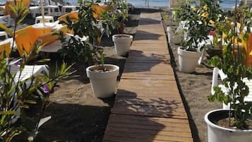 プライベートビーチ、黒砂、ビーチカバナ (無料)、サンラウンジャー