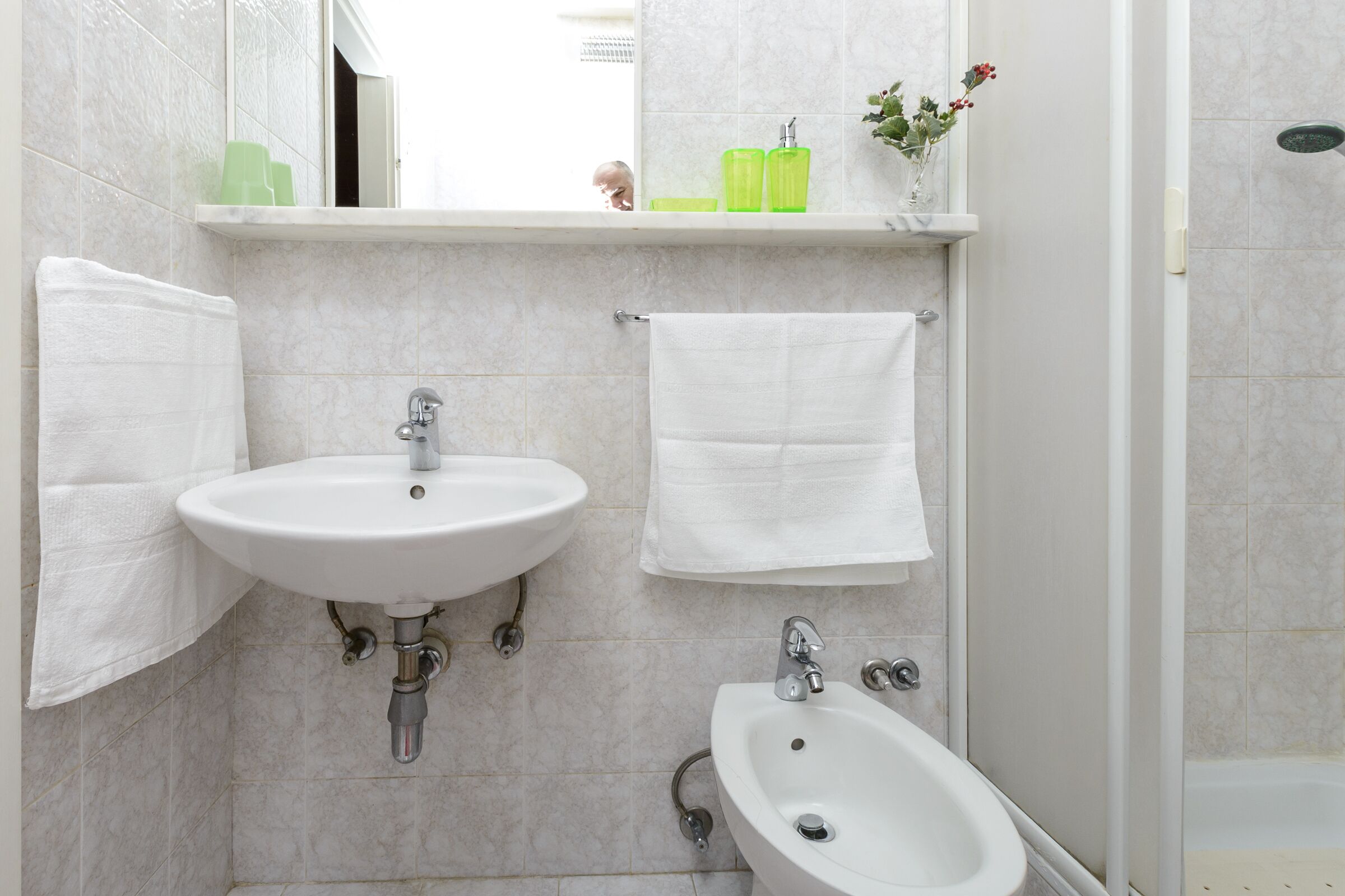 A bathroom with a sink, bidet, and a mirror above the sink.