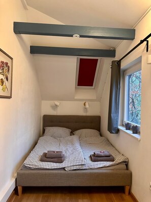 A small bedroom with a bed, a window with a view, a red accent wall, and a skylight.