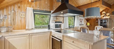 Fridge, stovetop, dishwasher, coffee/tea maker