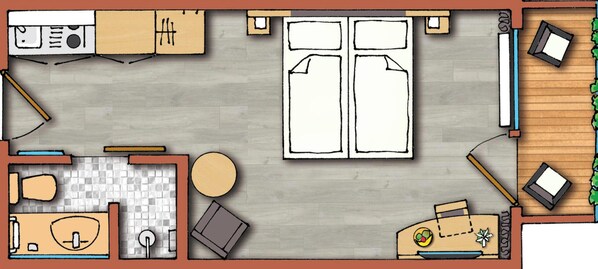 A floor plan of a hotel room with a kitchen area, a bathroom, and a seating area. - Studio apartment with a balcony and a small kitchen (Ostfildern)
