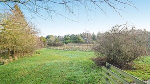 A grassy field with a wooden bench and trees in the background.