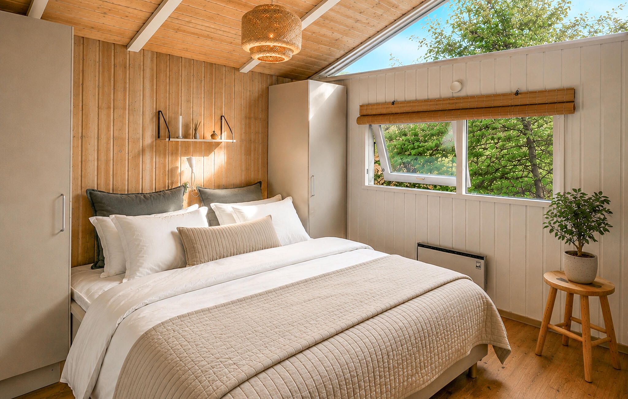 Une chambre à coucher avec un lit, une table de chevet, une fenêtre et une plante en pot.