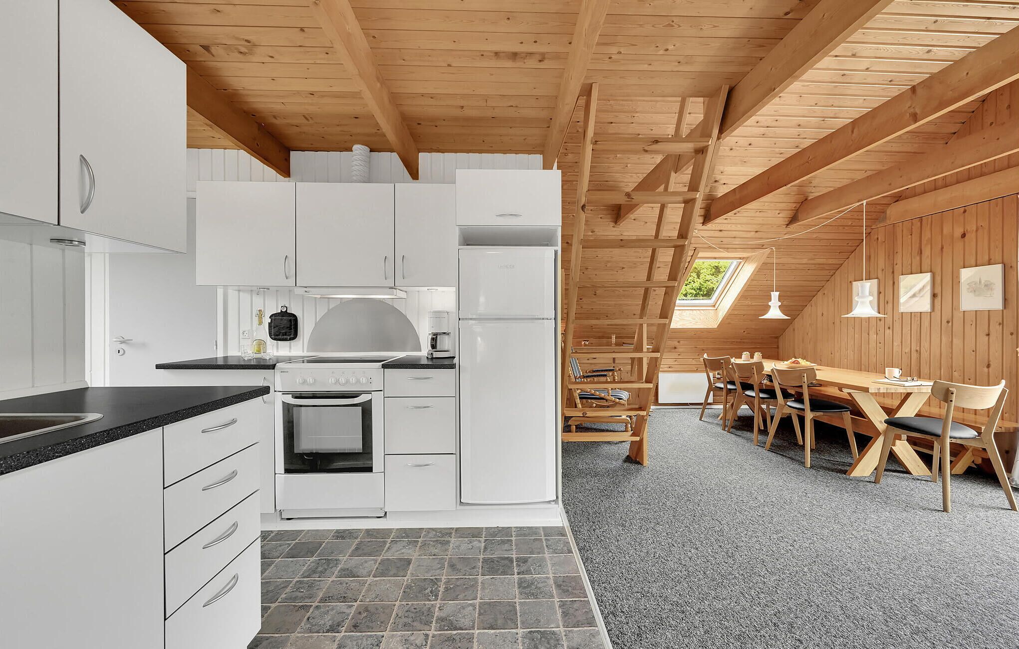 Fridge, stovetop, dishwasher, coffee/tea maker