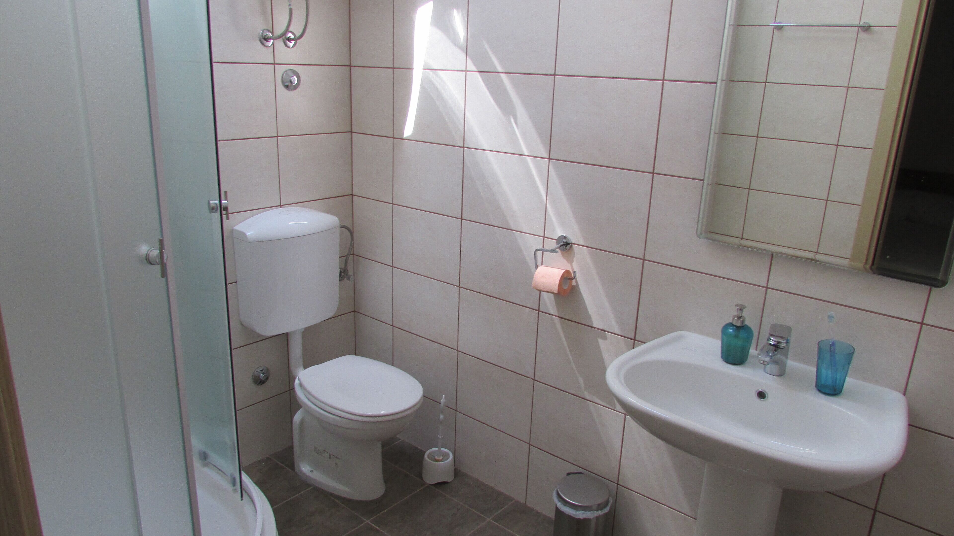 A small bathroom with a toilet, sink, and mirror.