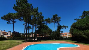 Una piscina rectangular con borde curvo, rodeada por una terraza con baldosas.