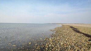 A pebbly beach with clear water, a distant shoreline, and a wind turbine in the background. - Amazing home in Hurup Thy with WiFi (Hurup Thy)