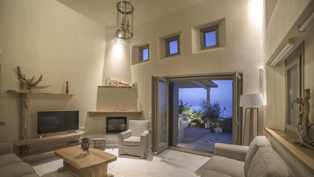 Ein modernes Wohnzimmer mit Kamin, bequemen Sitzmöglichkeiten, einem Fernseher und Blick ins Freie.