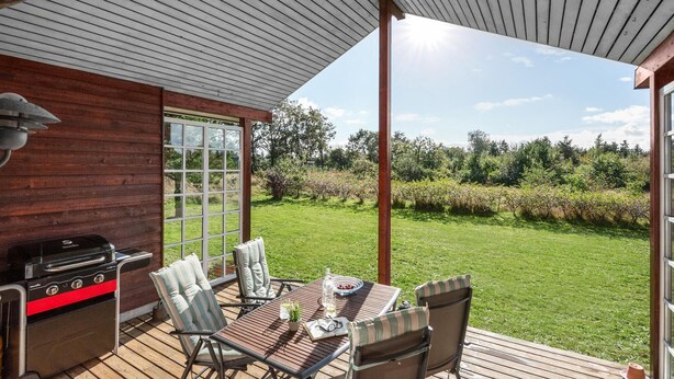 Eine Terrasse mit Grill, Sitzgelegenheit und Blick auf einen Garten.