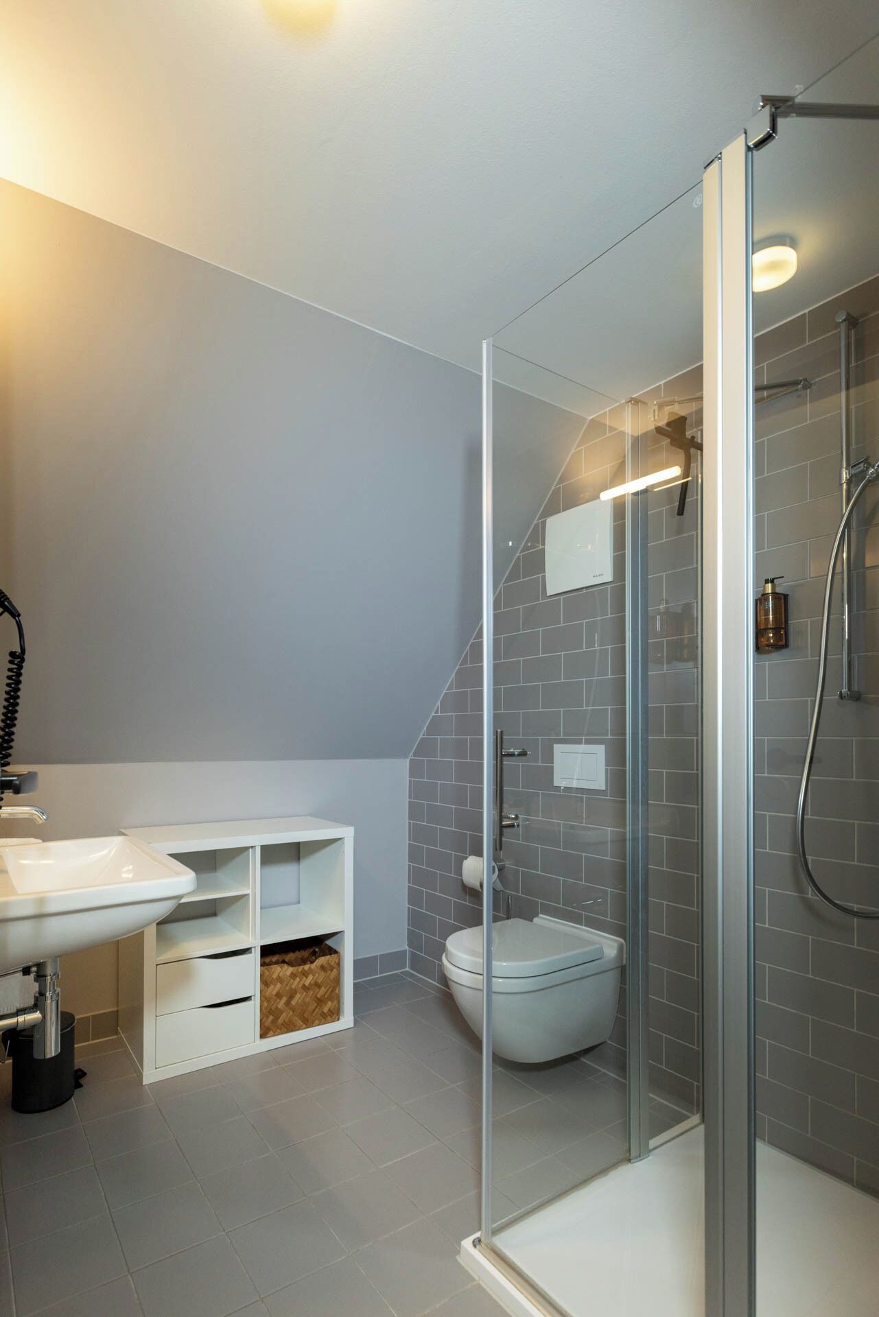 A modern bathroom with a glass shower enclosure, a white sink, and a toilet.