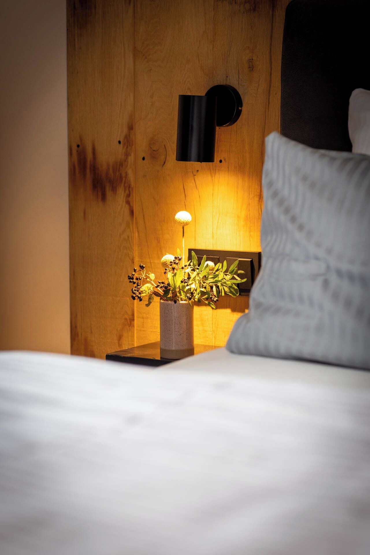 A neatly made bed with a white pillow, a bedside table with a lamp and a plant, and a wooden headboard with a wall-mounted light fixture.